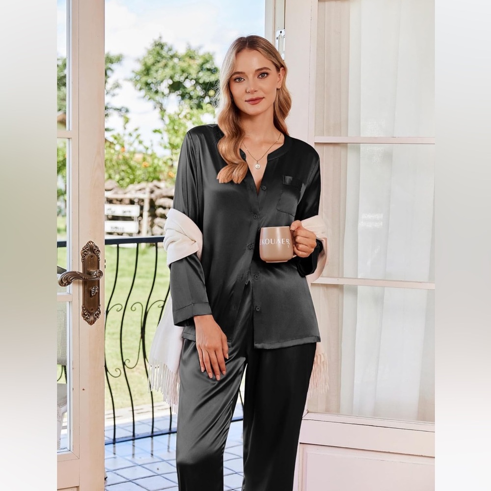 Ekouaer Satin Pajamas Set 2 Piece Pjs Long Pant Soft Sleepwear Button Up